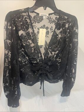New With Tag Whimsygoth Dark feminine Sheer Black Floral Lace Top Size M